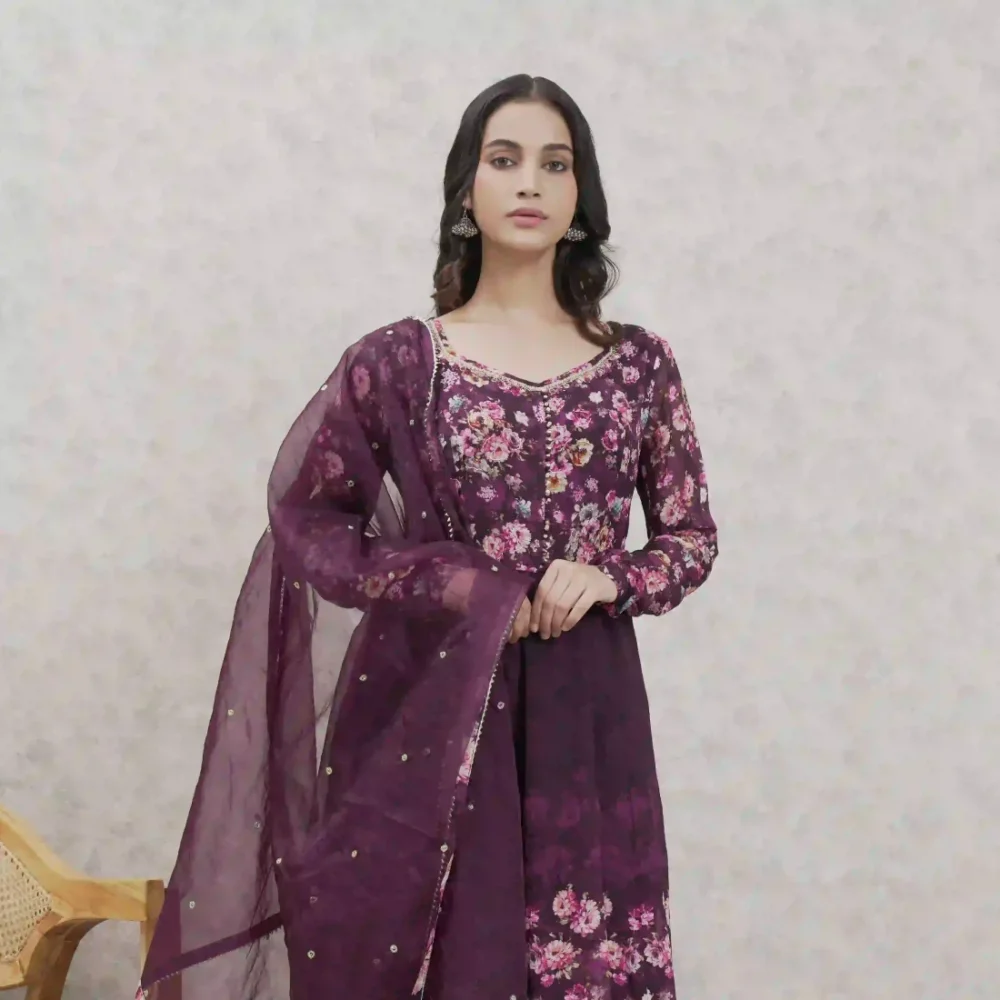Organza Anarkali Floral Printed suit Set With Dupatta - Image 2