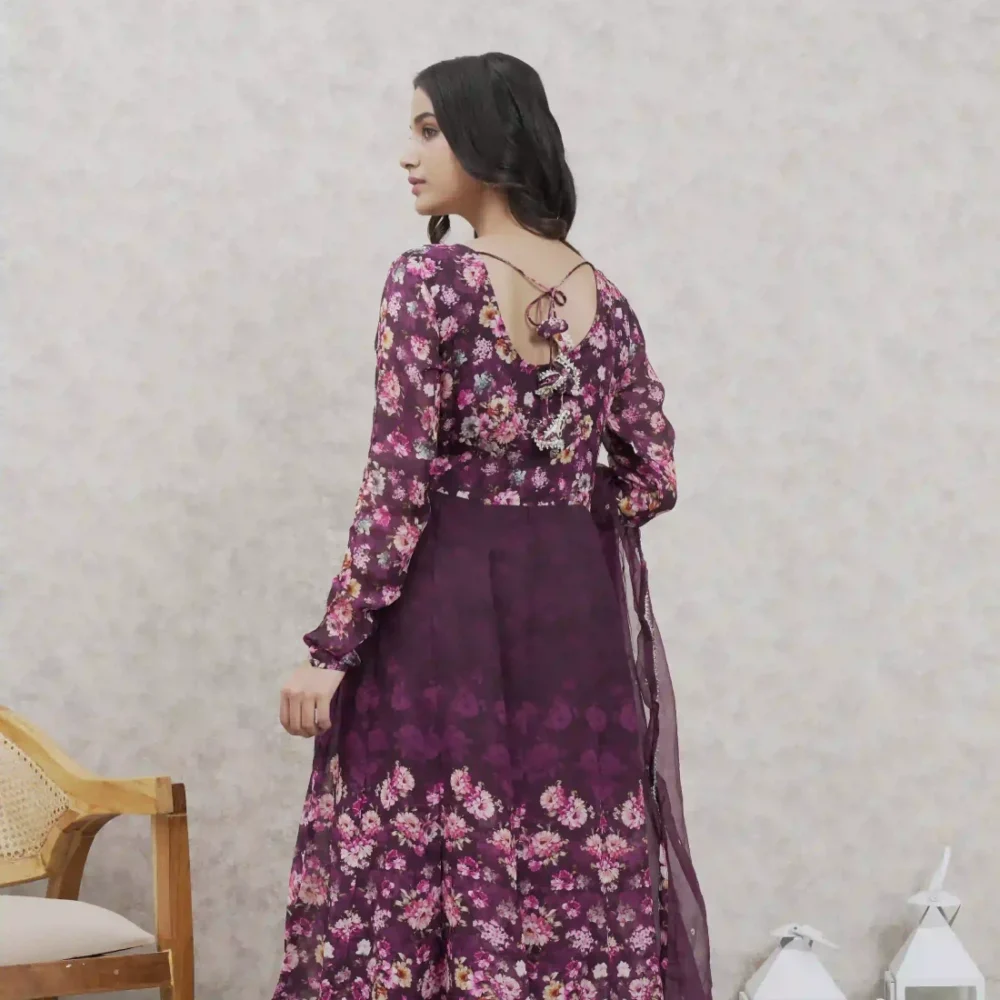 Organza Anarkali Floral Printed suit Set With Dupatta - Image 3