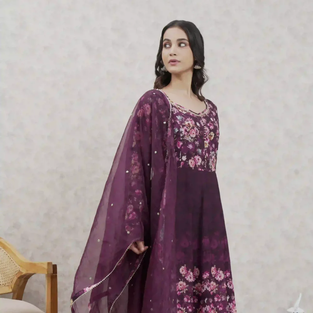Organza Anarkali Floral Printed suit Set With Dupatta