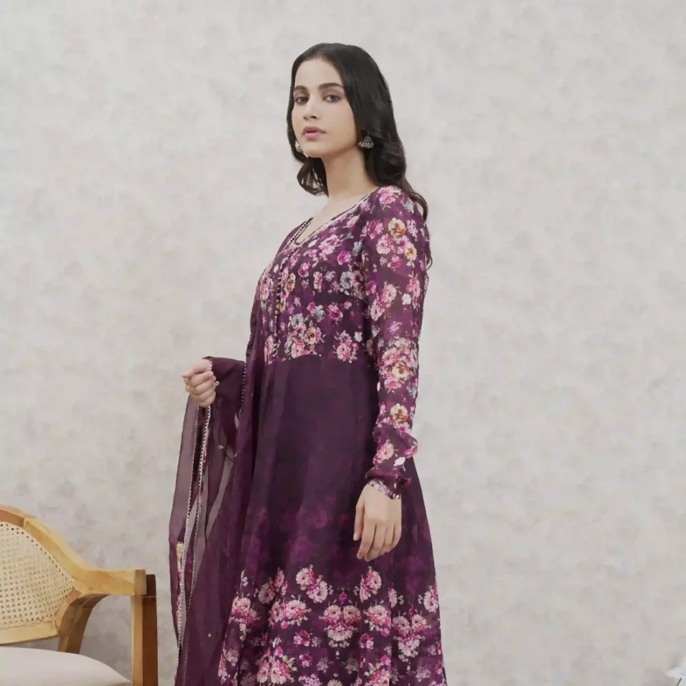 Organza Anarkali Floral Printed suit Set With Dupatta - Image 4