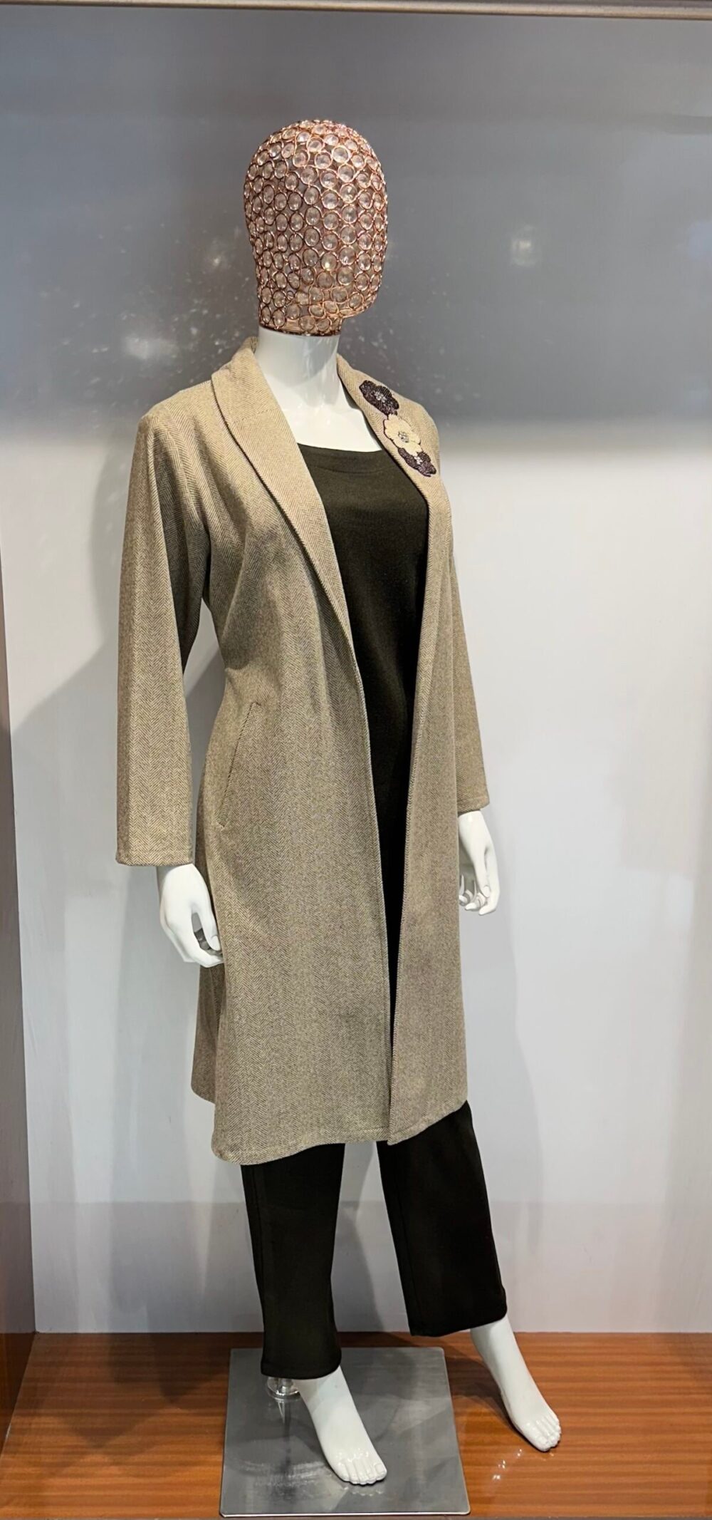 Y-Neck Beige Longline Wollen Coat set with inner and pant