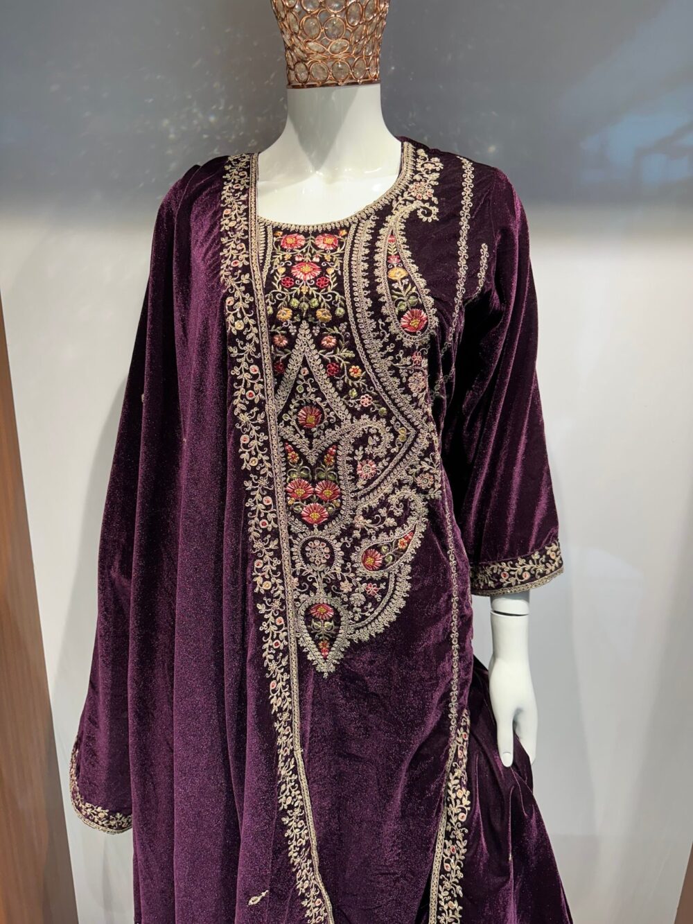Purple embroidered Velvet Suit Set
